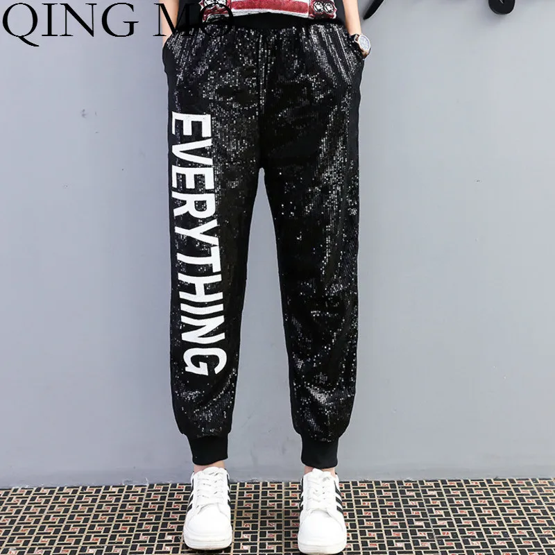 QING MO Full Women Sequin Pants White Letter Long Pants Black Elastic Waist Pants Streetwear Trousers For Girls 2019 ZLD625A
QING MO Full Women Sequin Pants White Letter Long Pants Black Elastic Waist Pants Streetwear Trousers For Girls 2019 ZLD625A