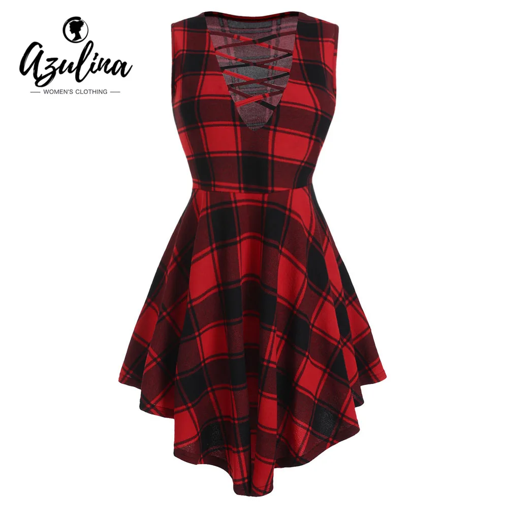 

Rosegal Plus Size Tops Women Plus Size Tartan Crisscross Strappy T-shirts Plaid Print Sleevess Asymmetrical Tank Top Clothes