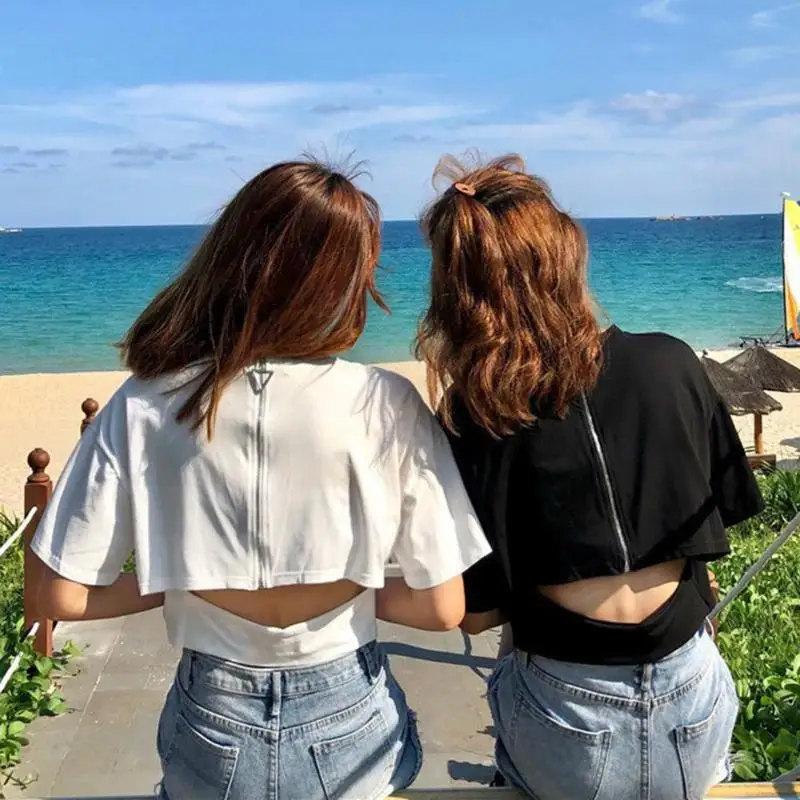 Women T-Shirt Short Sleeve Zipper Backless Korean Style Fashion Sexy O-Neck Tops Summer Loose Solid Color Short T-shirt Women
Women T-Shirt Short Sleeve Zipper Backless Korean Style Fashion Sexy O-Neck Tops Summer Loose Solid Color Short T-shirt Women