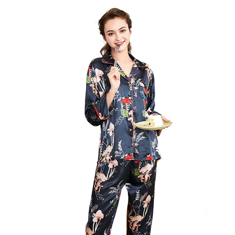 2019 pyjamas women Silk Pajamas Ms. Season Long-Sleeve Trousers Home Service Two Piece Set sleep & lounge pajama sets | Женская