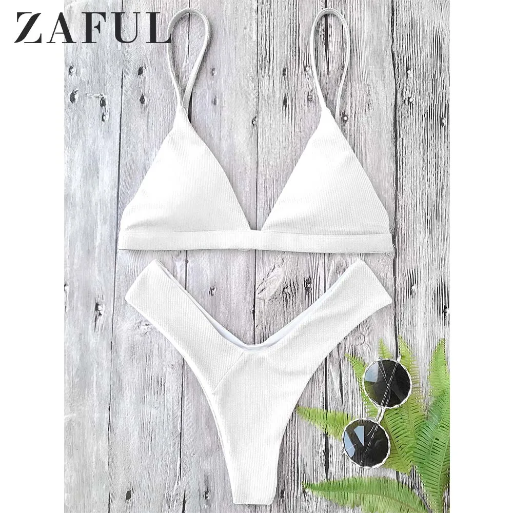 

ZAFUL Textured High Cut Padded Plunge Bikini Set Spaghetti Straps Solid Summer Swim Suit Elastic Low Waisted Bathing Suit 2019