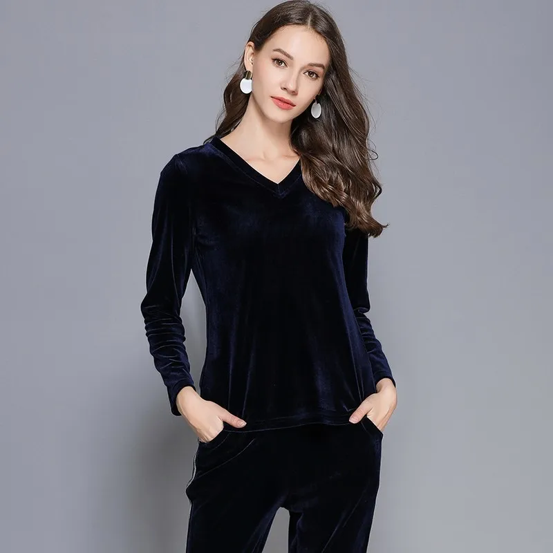 2 Piece Set Velour Navy Blue V-neck Blouse Tops T-shirt Side Stripe Pants Autumn Spring Women Trousers Two Piece Set Plus Size
2 Piece Set Velour Navy Blue V-neck Blouse Tops T-shirt Side Stripe Pants Autumn Spring Women Trousers Two Piece Set Plus Size