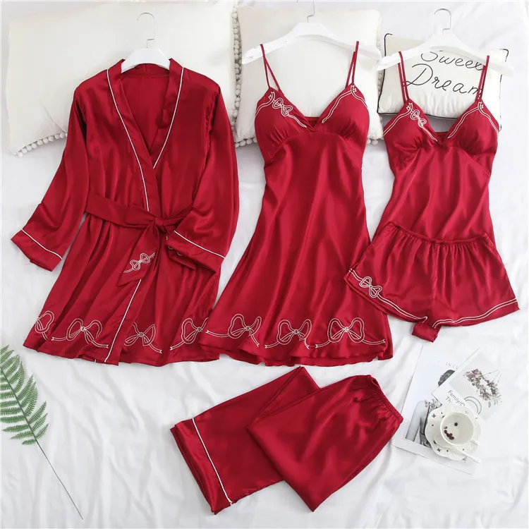 2019 Women Pajamas Sets 5 Pieces Satin Sleepwear Pijama Silk Home Wear Home Clothing Sleep Lounge Pyjama With Chest Pads
2019 Women Pajamas Sets 5 Pieces Satin Sleepwear Pijama Silk Home Wear Home Clothing Sleep Lounge Pyjama With Chest Pads