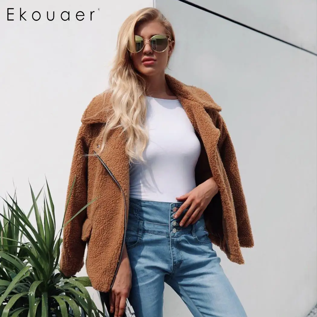 Ekouaer Warm Winter Faux Fur Coat Women Fashion Turn Down Collar Zipper Jacket Outwear Coats Ladies Female Fur Coat Outerwear
Ekouaer Warm Winter Faux Fur Coat Women Fashion Turn Down Collar Zipper Jacket Outwear Coats Ladies Female Fur Coat Outerwear