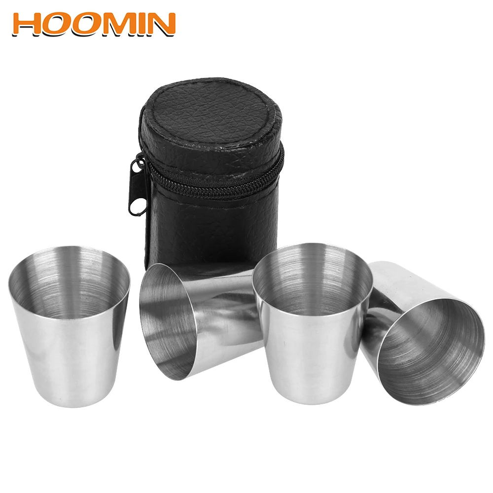 

HOOMIN 4pcs/set 30ml Stainless Steel Drinking Cup Barware Cup Polished Wine Glass Zipper Cover Gift