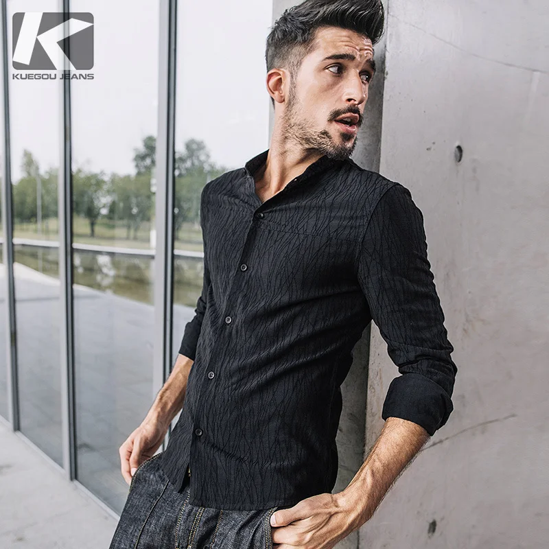 KUEGOU New Spring Mens Casual Shirts Striped Black Color For Man's Wear Long Sleeve Slim Fit With Stand Collar Brand Blouse 3260
KUEGOU New Spring Mens Casual Shirts Striped Black Color For Man's Wear Long Sleeve Slim Fit With Stand Collar Brand Blouse 3260