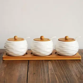 

Porcelain Condiment Jar Spice Container with Lids Bamboo Cap Holder Spot Wooden Tray Pottery Cruet Pot for Home Kitchen Counter
