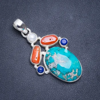 Natural Turquoise,Red Coral,River Pearl and Lapis Lazuli 925 Sterling Silver Pendant 2" A0575
Natural Turquoise,Red Coral,River Pearl and Lapis Lazuli 925 Sterling Silver Pendant 2" A0575