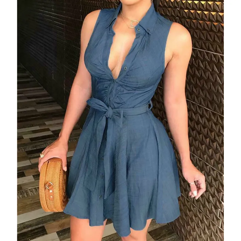 Women's Button Denim Mini Dress Ladies Summer Sleeveless Belted Jeans Long Tops Shirt Dress
Women's Button Denim Mini Dress Ladies Summer Sleeveless Belted Jeans Long Tops Shirt Dress