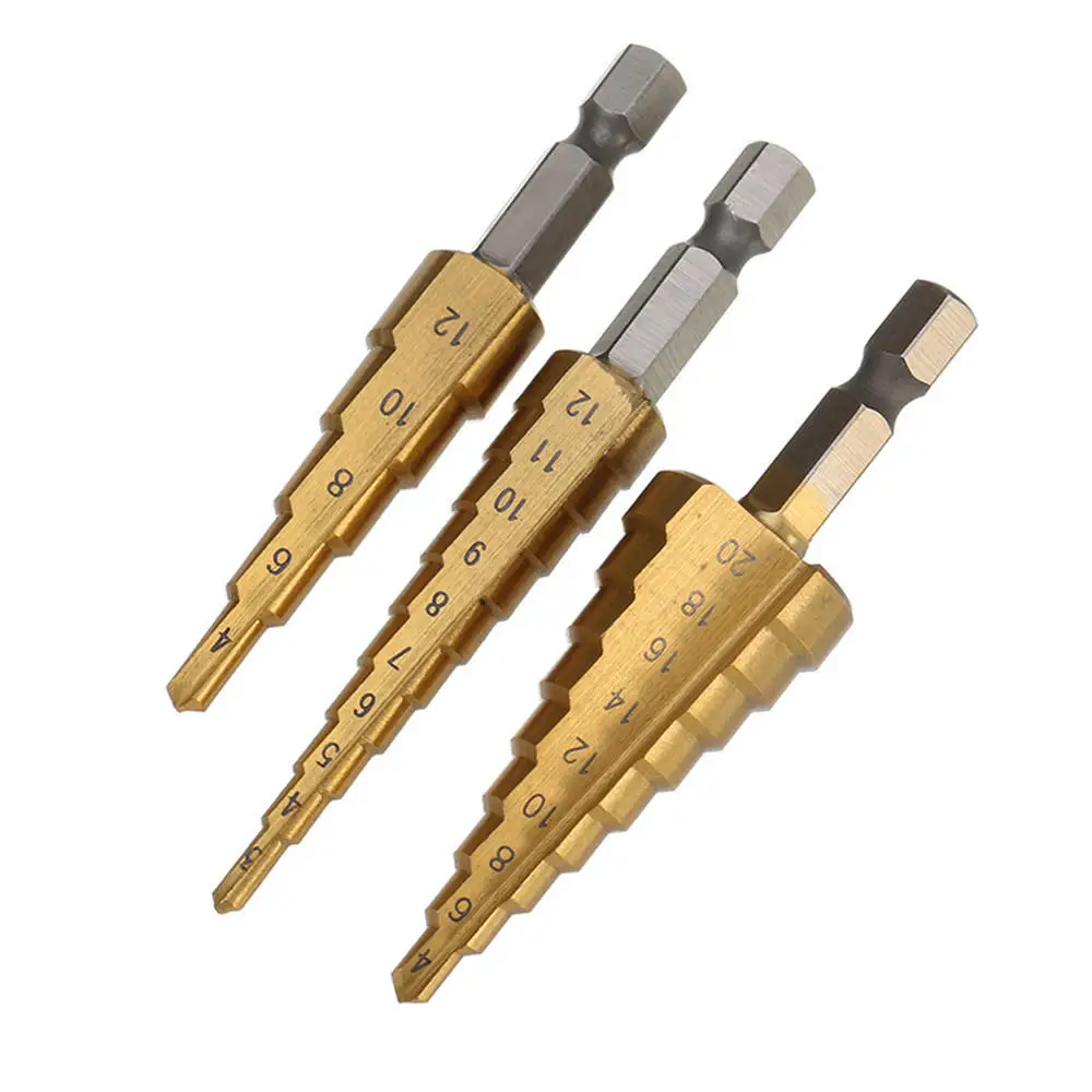 3pc Hss Step Cone Taper Drill Bit Set Hole Cutter Metric 3-12/ 4-12/4-20mm 1/4" Titanium Coated Metal Hex Stepped Bits
3pc Hss Step Cone Taper Drill Bit Set Hole Cutter Metric 3-12/ 4-12/4-20mm 1/4" Titanium Coated Metal Hex Stepped Bits