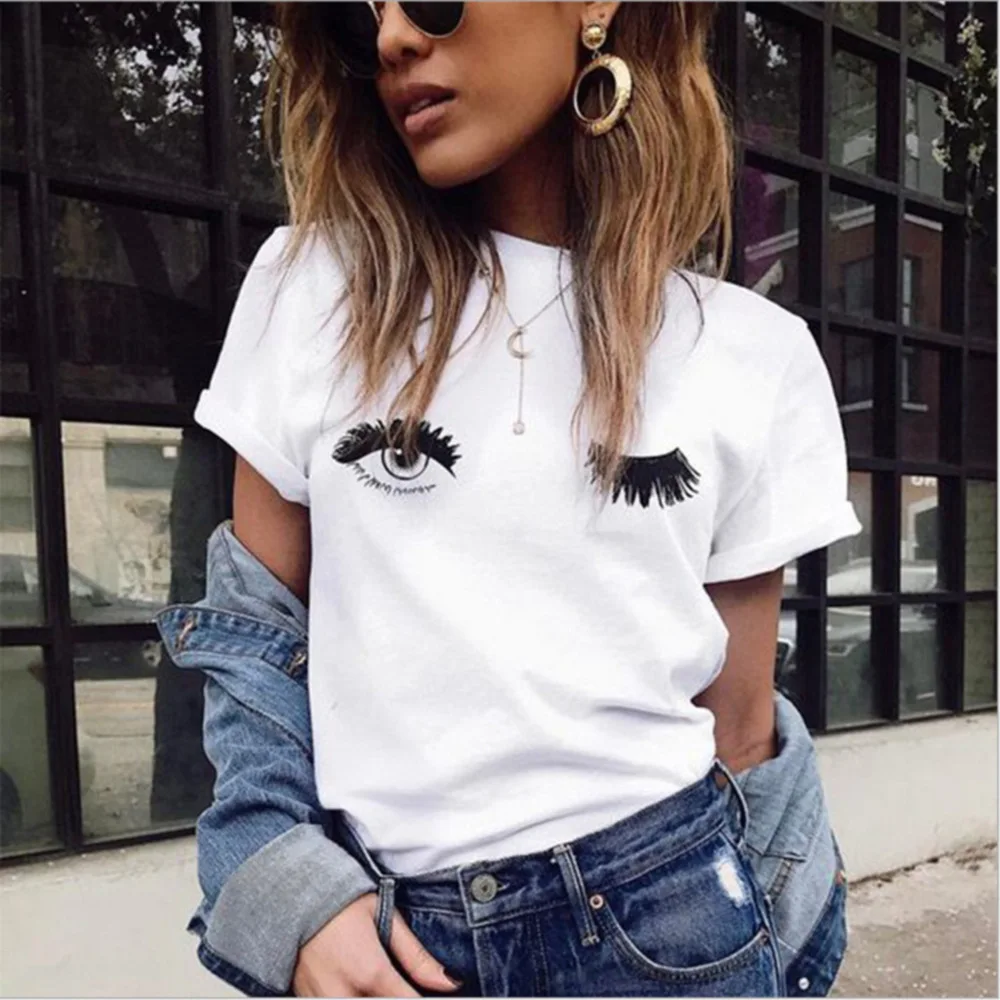 Casual 2019 Cute T-shirts Wink Eyes And Eyelashes Printed Women Tops Short Sleeve Tshirts Cotton White O Neck Summer Blusas New
Casual 2019 Cute T-shirts Wink Eyes And Eyelashes Printed Women Tops Short Sleeve Tshirts Cotton White O Neck Summer Blusas New