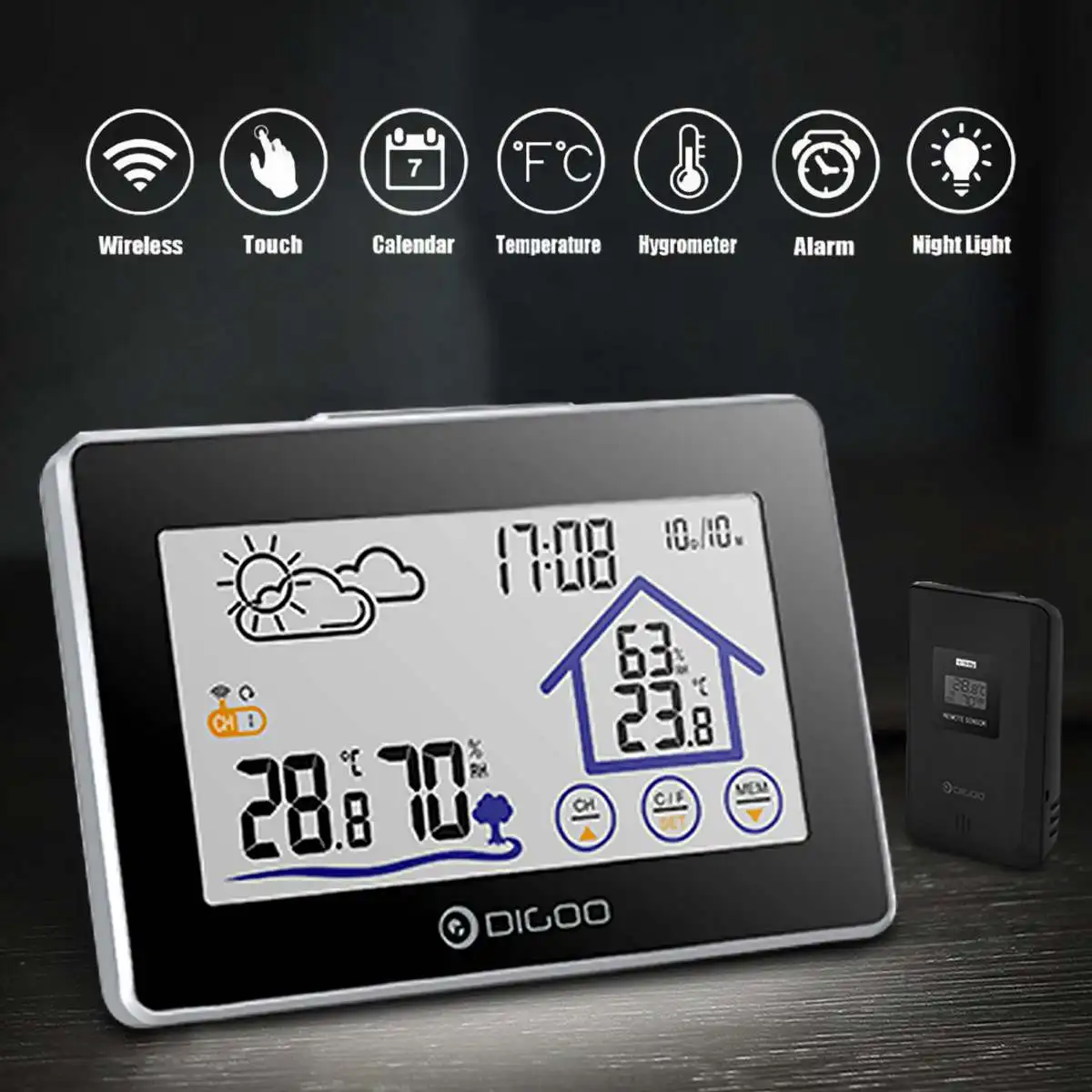 Digoo DG-TH8380 Thermometer Hygrometer Meter Color Screen Weather Station Forecast Sensor Indoor Outdoor Sensor Alarm Clock
Digoo DG-TH8380 Thermometer Hygrometer Meter Color Screen Weather Station Forecast Sensor Indoor Outdoor Sensor Alarm Clock
