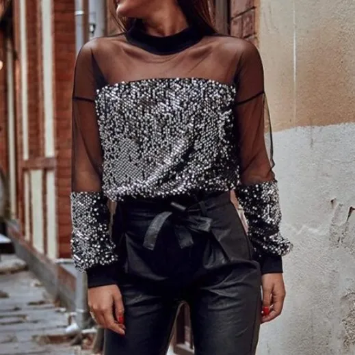Plus Size Women O Neck Sexy Tulle Transparent Long Sleeve Sequin Loose T-Shirt Fashionable Black Ladies Tops
Plus Size Women O Neck Sexy Tulle Transparent Long Sleeve Sequin Loose T-Shirt Fashionable Black Ladies Tops