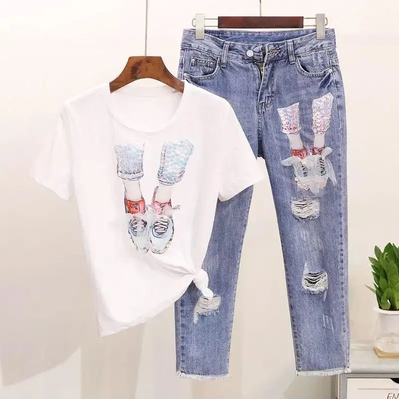 2019 Summer 2 Pieces Set Women Paillette Gauze Sequined Shoes Short Sleeve White T Shirt Black + Holes Ripped Jeans Suit Woman
2019 Summer 2 Pieces Set Women Paillette Gauze Sequined Shoes Short Sleeve White T Shirt Black + Holes Ripped Jeans Suit Woman