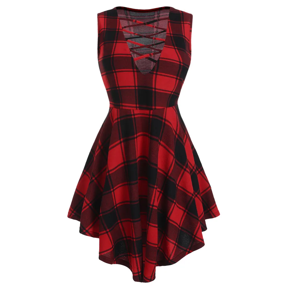 

Wipalo Plus Size Tartan Strappy Asymmetrical Tank Top Women Tops Tees Summer Plunging Neck Sleeveless Plaid Tanks 2019 Clothing