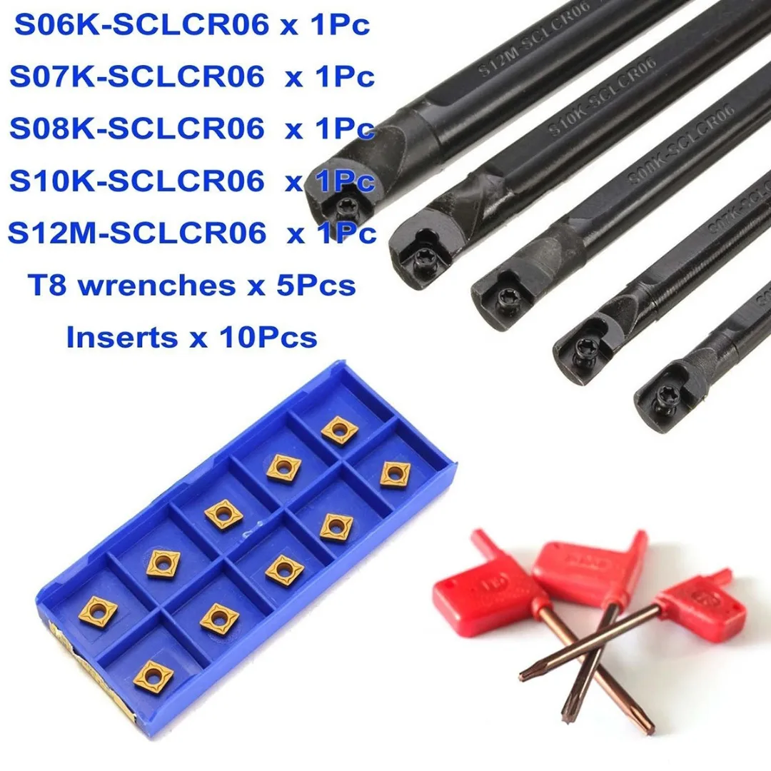 5pcs 125mm CNC Lathe Boring Bar 6/7/8/10/12mm SCLCR06 Turning Tool Holder + 10pcs CCMT0602 Inserts Durable Blades with Wrench
5pcs 125mm CNC Lathe Boring Bar 6/7/8/10/12mm SCLCR06 Turning Tool Holder + 10pcs CCMT0602 Inserts Durable Blades with Wrench
