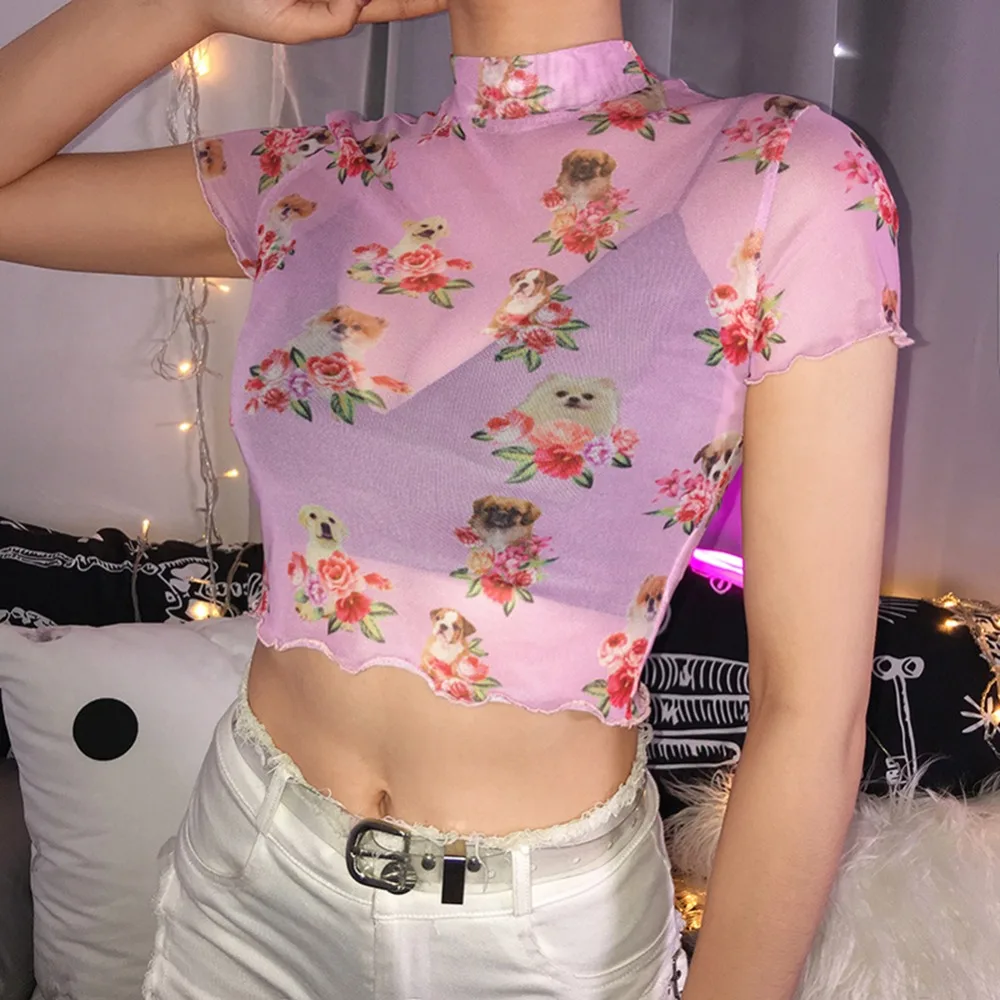 Sweet Pink Transparent Mesh Top Dog Floral Print Women Sexy T-shirts Summer Clothes 2019 Harajuku Crop Tops Tees Tshirt
Sweet Pink Transparent Mesh Top Dog Floral Print Women Sexy T-shirts Summer Clothes 2019 Harajuku Crop Tops Tees Tshirt