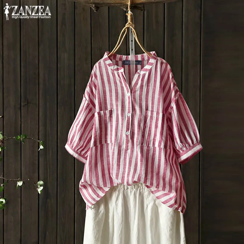 ZANZEA 2019 Summer Striped Tee Shirts Women's Linen Blouse Vintage Button Down Chemise Female Puff Sleeve Blusas Casual Tunic
ZANZEA 2019 Summer Striped Tee Shirts Women's Linen Blouse Vintage Button Down Chemise Female Puff Sleeve Blusas Casual Tunic