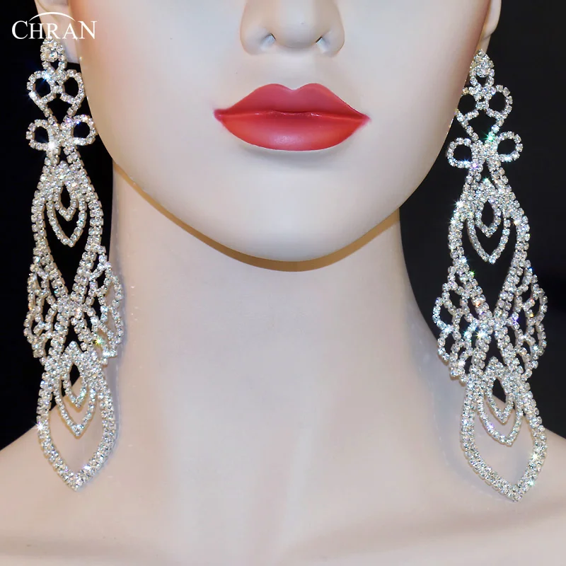 

CHRAN Gold Color Rhinestone Chandelier Drop Long Earrings for Women Wedding Statement Dangle Big Crystal Earring Brides Jewelr