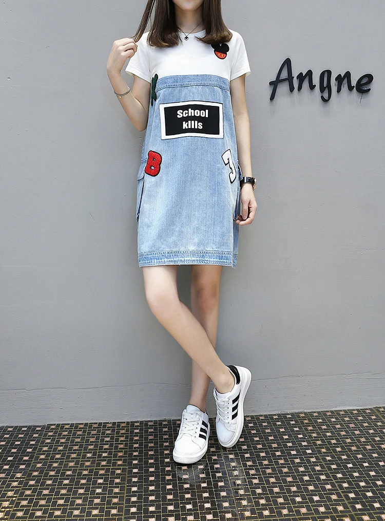 XL - 5xl women Summer top new crew collar white blue patch work letter appliques cowboy A line mini dress K153
XL - 5xl women Summer top new crew collar white blue patch work letter appliques cowboy A line mini dress K153