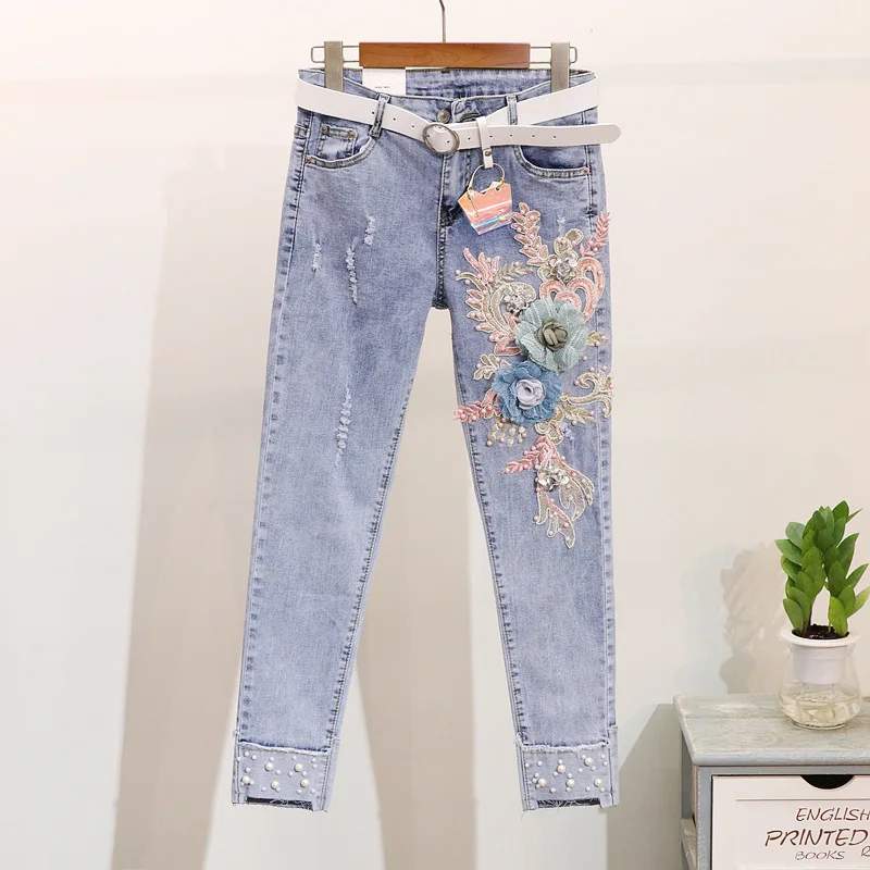 2019 Spring & Summer Harajuku skinny pencil Jeans Women Embroidery flower Pearl Beaded Sequins Denim Pants jeans with free gift
2019 Spring & Summer Harajuku skinny pencil Jeans Women Embroidery flower Pearl Beaded Sequins Denim Pants jeans with free gift