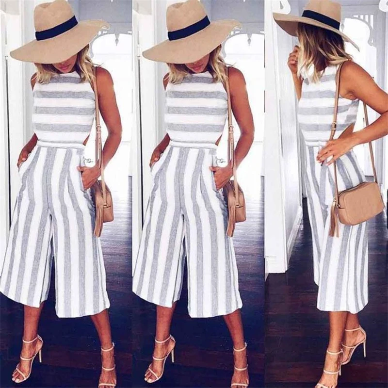 2018 Women's Sleeveless Striped Jumpsuit Casual Loose Trousers Fashionable Leotard Catsuit Combinaison Wide Leg Pants
2018 Women's Sleeveless Striped Jumpsuit Casual Loose Trousers Fashionable Leotard Catsuit Combinaison Wide Leg Pants