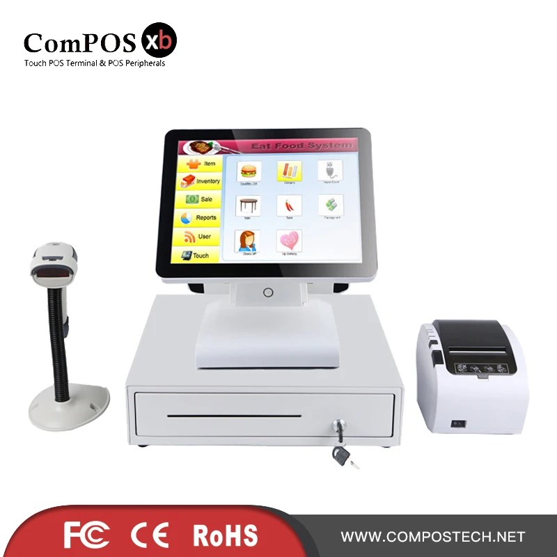 

Double screen 15 inch pos touch all in one pc with 400mm cash drawer and 80mm thermal receipt printer barcode scanner for retail