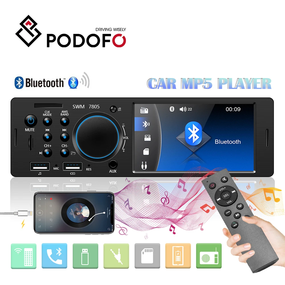 Podofo 7805 1Din автомобильное радио 4 1 &quotдюймов MP5 Аудио Видео плеер Bluetooth USB зарядка TF Aux