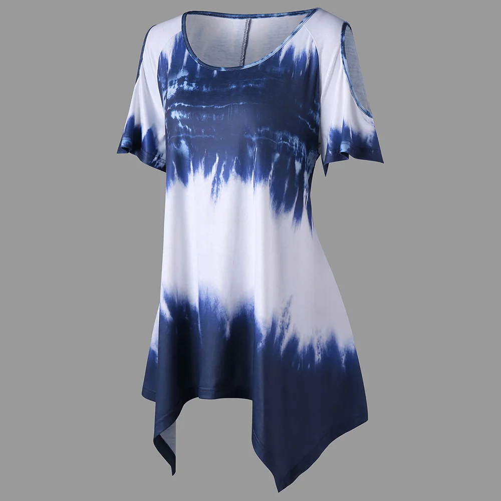 VESTLINDA Women T Shirt Summer Plus Size Ombre Print Asymmetric T-Shirt Causal Round Neck Short Sleeves Tees Big Size T Shirts 8