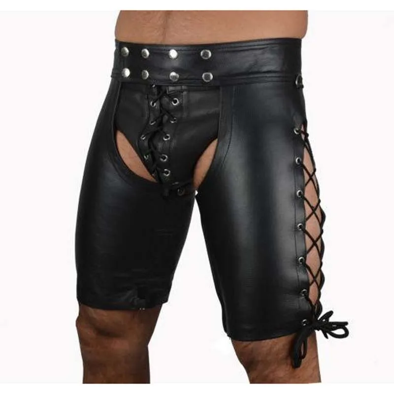 Фото Эротические дикие кожаные шорты сексуальный мужской Суспензорий бандаж трусики