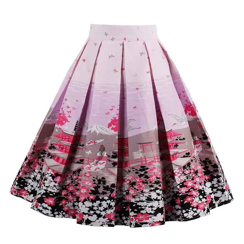 Kostlish Retro Print Flower Summer Skirts Womens 2017 High Waist Vintage Skirt Elegant A-Line Midi Women Skirt Plus Size XXL 22 (8)