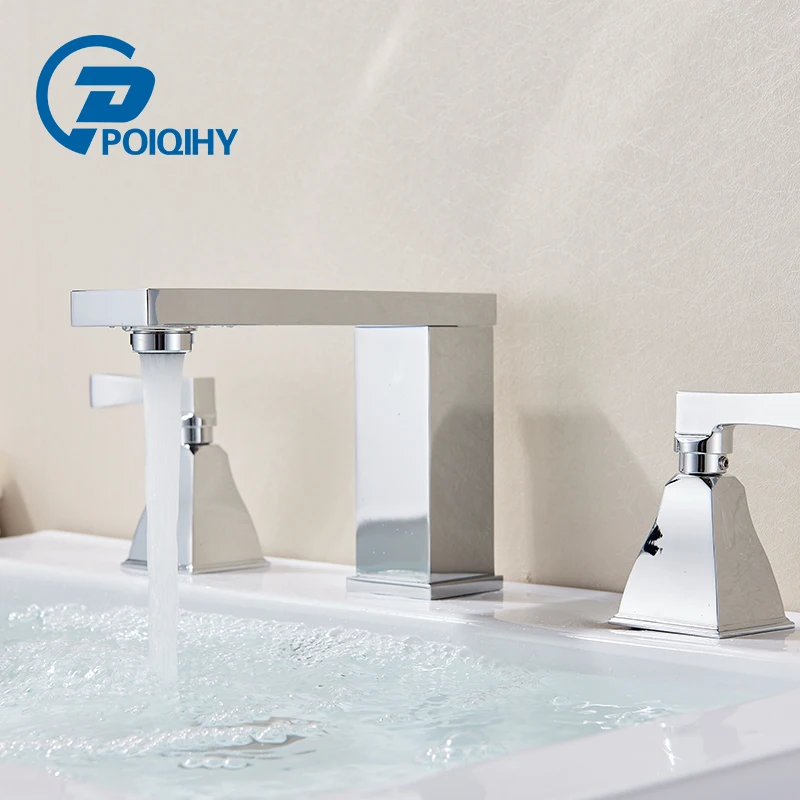 

POIQIHY Chrome Polished Deck Mounted Basin Faucet Widespread Dual Handles Triple Holes Bathroom Faucet 3pcs Sink Mixer Taps