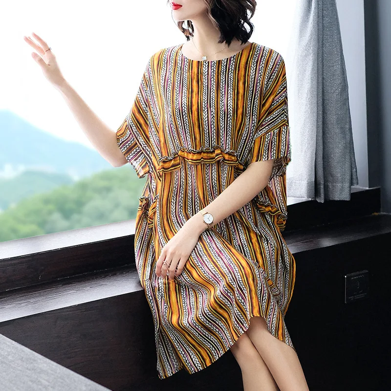 Real Silk Women's Clothing High Quality O-neck Bat Sleeved Dresses Striped Printing Loose Mid Dress P8074
Real Silk Women's Clothing High Quality O-neck Bat Sleeved Dresses Striped Printing Loose Mid Dress P8074