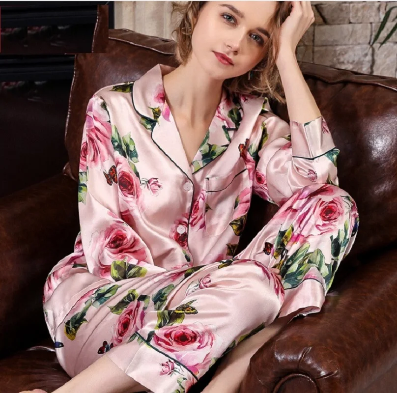 Фото Шелковый пижамный комплект штаны домашняя одежда сексуальный цветочный принт
