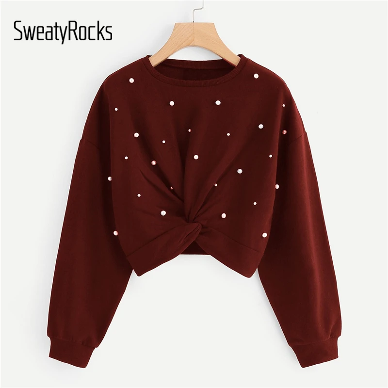 

SweatyRocks Burgundy Twist Detail Beaded Decoration Sweatshirt Long Sleeve Crop Pullovers Tops 2018 Autumn Women Sweatshirts