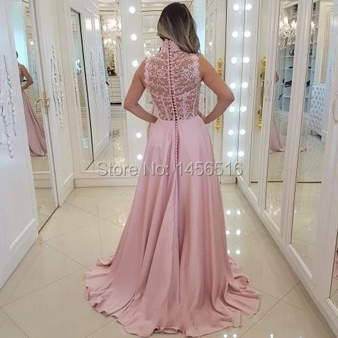 High Neck Pink Prom Dresses 2019 Sheer Bead Lace Boning Evening Gowns See Through Cocktail Party Ball Dress Formal Gown (2)