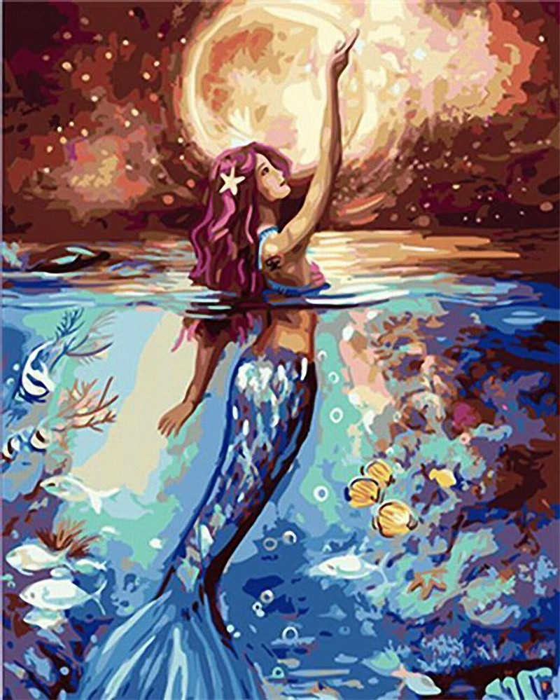 DIY Digital Painting By Numbers Package moonlight Mermaid oil painting mural Kits Coloring Wall Art Picture Gift frameless | Дом и сад