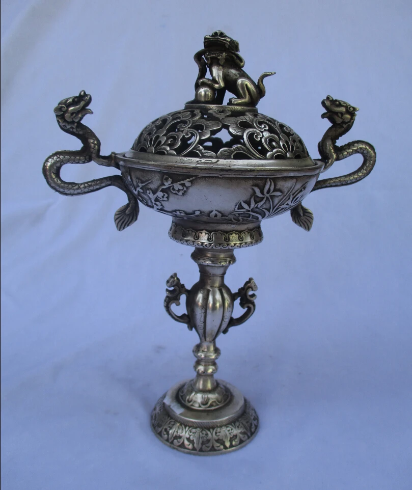 

collectible decorated old antique tibet silver carved 2 dragon lion incense burner/metal censer Free Shipping 0008