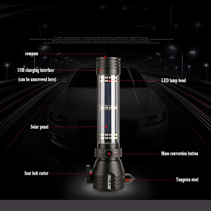 New multi-function glare flashlight emergency rescue broken window hammer charging treasure cutter solar charging adsorption
New multi-function glare flashlight emergency rescue broken window hammer charging treasure cutter solar charging adsorption