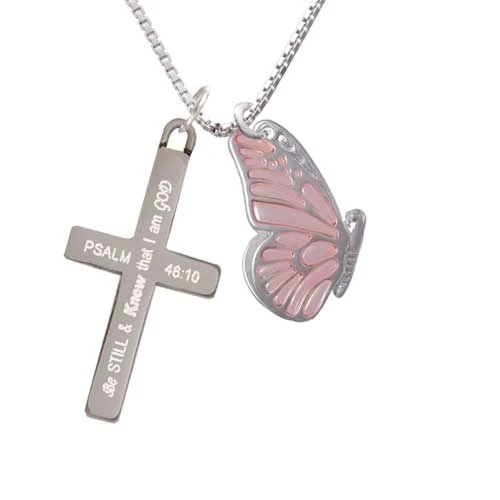 Large Translucent Pink Flying Butterfly - Be Still and Know - Cross Necklace (1)