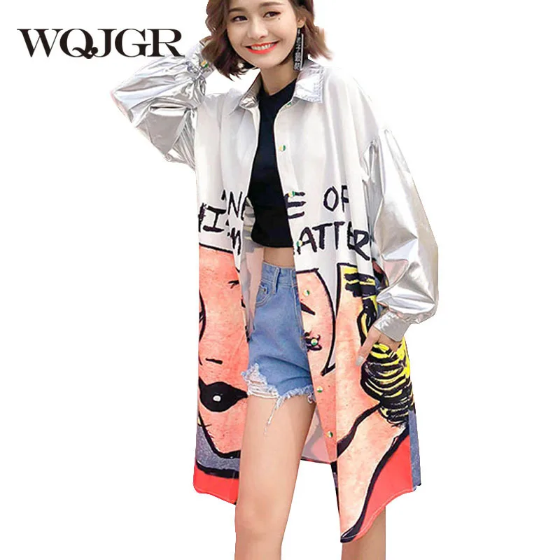 WQJGR Tide Brand 2019 Spring New Cartoon Printing Silver Metal Color Long Cardigan Loose Trench Coat Woman
WQJGR Tide Brand 2019 Spring New Cartoon Printing Silver Metal Color Long Cardigan Loose Trench Coat Woman