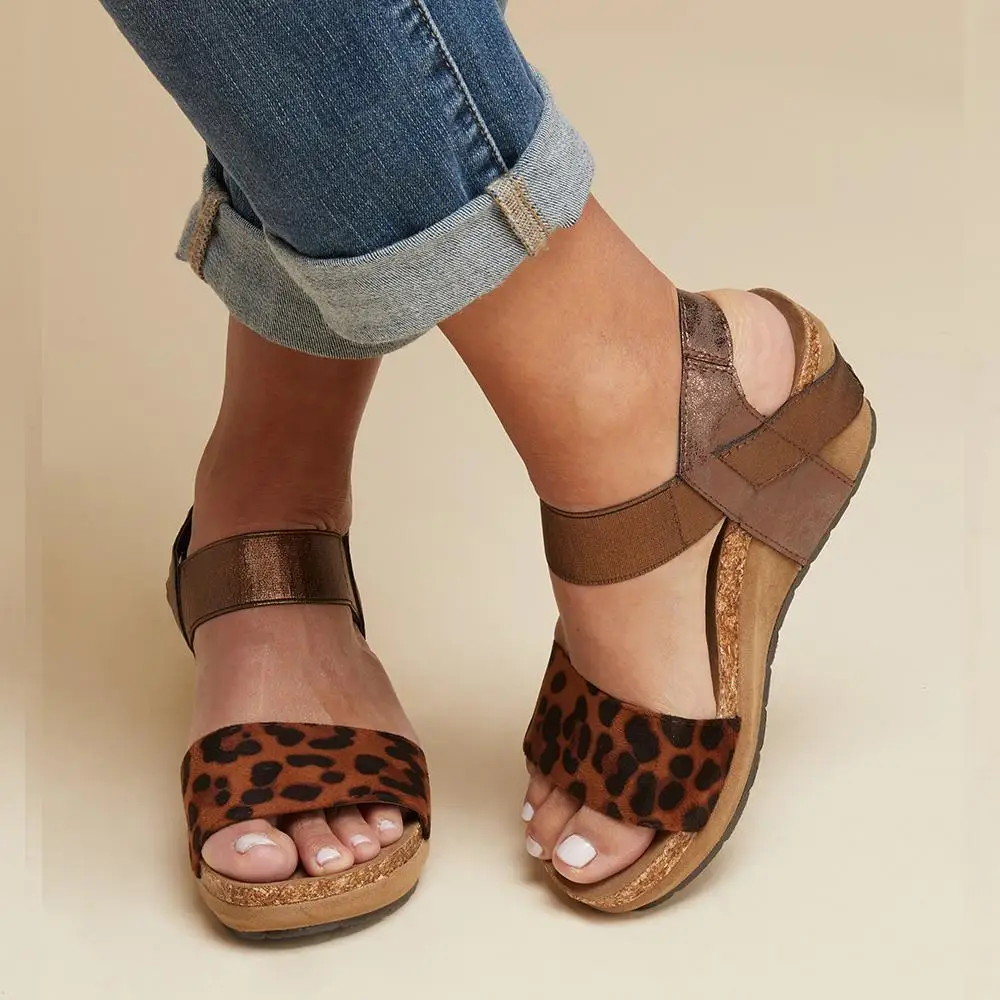 Slip-On Leopard Retro Platform Wedges Women Sandals Open Toe Basic Med Gladiator Ladies Shoes Solid Casual Summer | Обувь