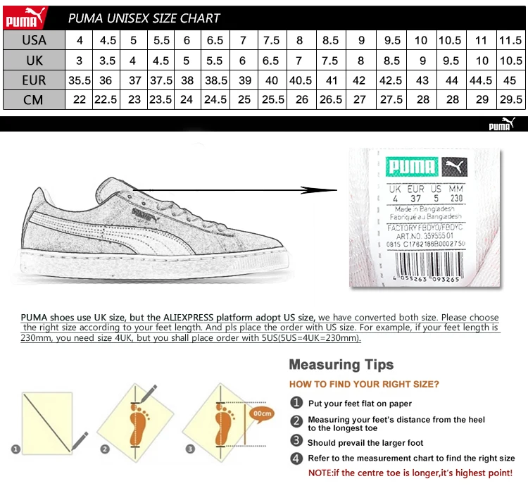 puma youth size chart