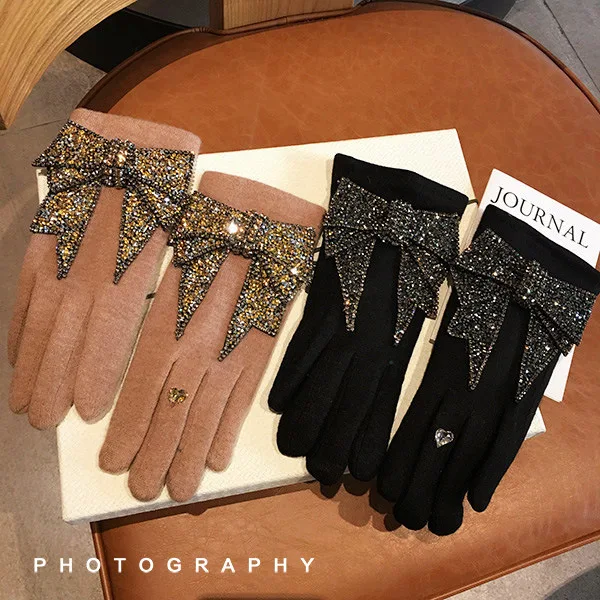 Элитный бренд перчатки зимние женские кашемировые женский бантик со сверкающими