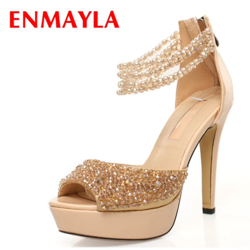 

ENMAYLA New Apricot Color High Heels Peep Toe Beading Charms Shoes Women Cover Heel Platform Rhinestone Ladies Sandals Shoes