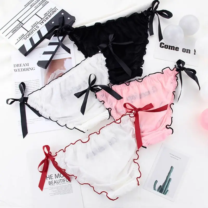 Women Sexy Semi-Sheer Mesh Underwear Briefs Letters Embroidered Side Tie Ribbon Bowknot Lingerie Thong Low Waist Ruffles Panties
Women Sexy Semi-Sheer Mesh Underwear Briefs Letters Embroidered Side Tie Ribbon Bowknot Lingerie Thong Low Waist Ruffles Panties