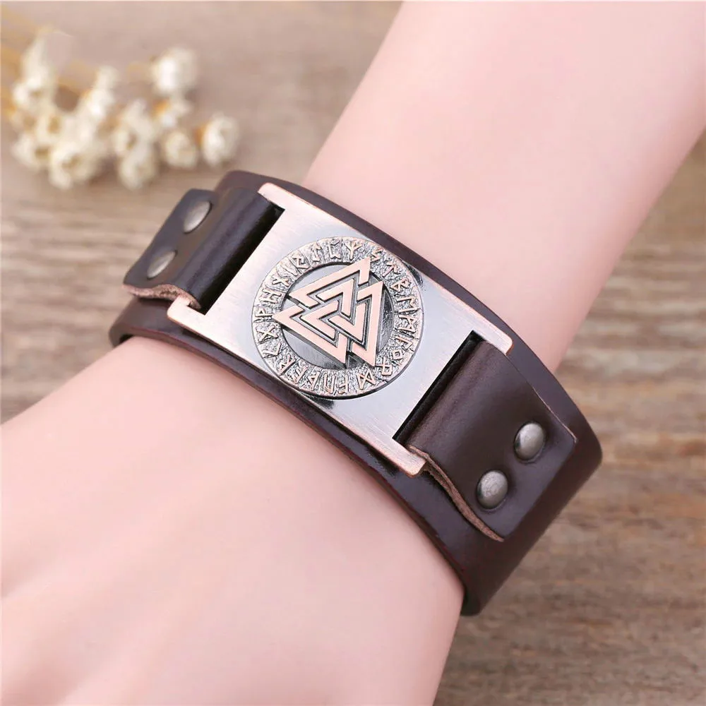Skyrim Punk Leather Bracelet With Viking Runes Totem Metal Crafts Connector Charms Adjustable Vintage Wristband Leather Bracelet 22