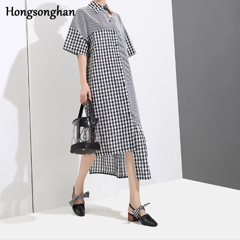 Hongsonghan 2018 Korean version of hot style summer turn down collar irregular hem checkered and striped spliced shirt dress
Hongsonghan 2018 Korean version of hot style summer turn down collar irregular hem checkered and striped spliced shirt dress