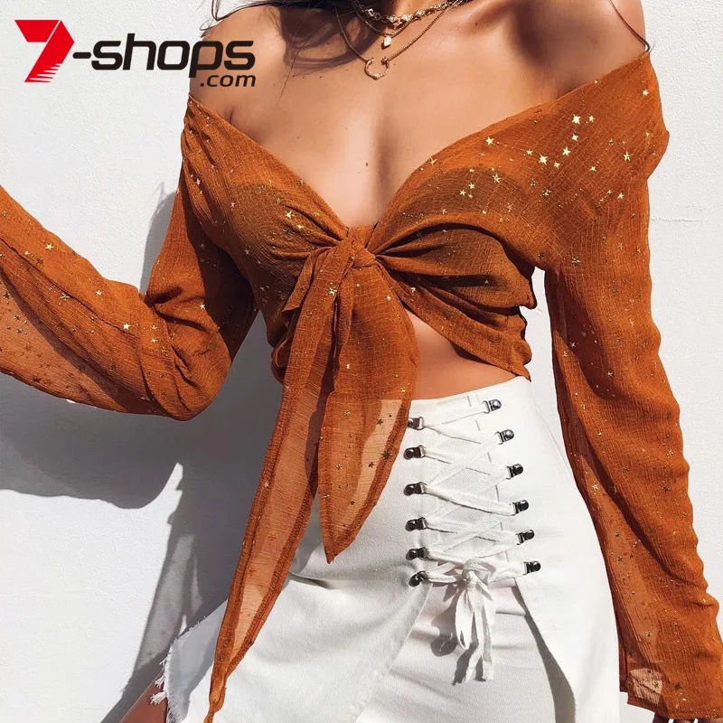 7-Shops Summer Women Blouses Ladies Casaul Long Sleeve Tie Up Knot Cropped Tops Beach Female Star Shirt Kimono Sexy Tops 2019
7-Shops Summer Women Blouses Ladies Casaul Long Sleeve Tie Up Knot Cropped Tops Beach Female Star Shirt Kimono Sexy Tops 2019