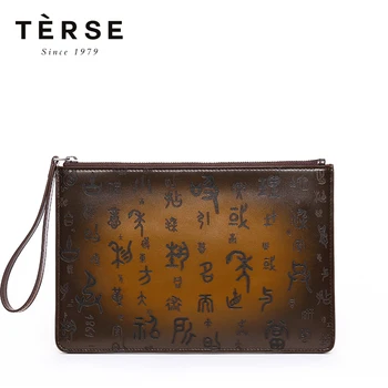 

TERSE Men's Wallet Vintage Genuine Leather Clutches With Letter engraving Large Capacity Long Purse Tobacco Color 9578-1